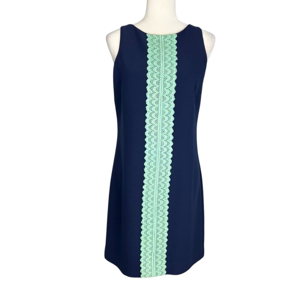 Sail to Sable STS Womens Sleeveless Shift Dress Blue Green Lace Trim size 4